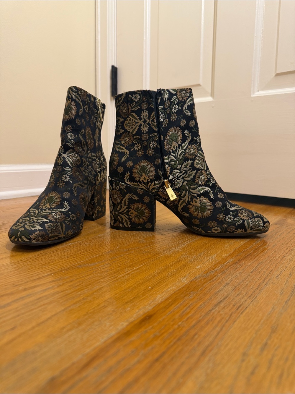 Kenneth Cole Black Floral Brocade Block Heel Ankle Boots